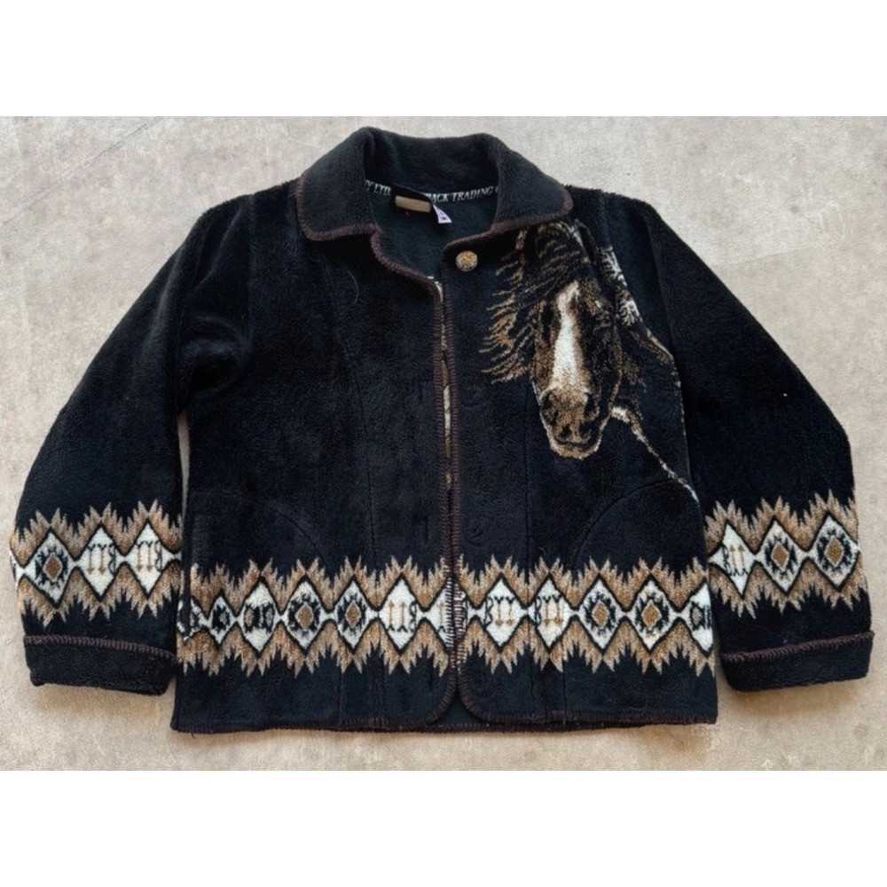Vintage Outback Trading Co Fleece Jacket Brown with Horses Aztec Size M Read